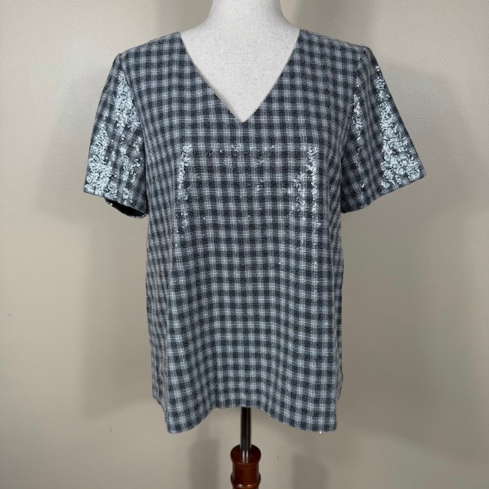 Draper James Gingham Plaid Blouse Black White Short Sleeve Sequin Top Womens M